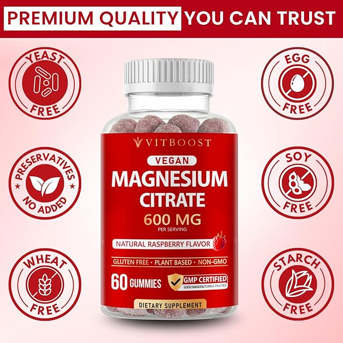 Vitboost Magnesium Citrate Gummies 600mg - 60 Count Vegan Magnesium Gummies for Relaxation & Muscle Support - Natural Raspberry Flavor - Non-GMO, Gluten Free, Plant Based