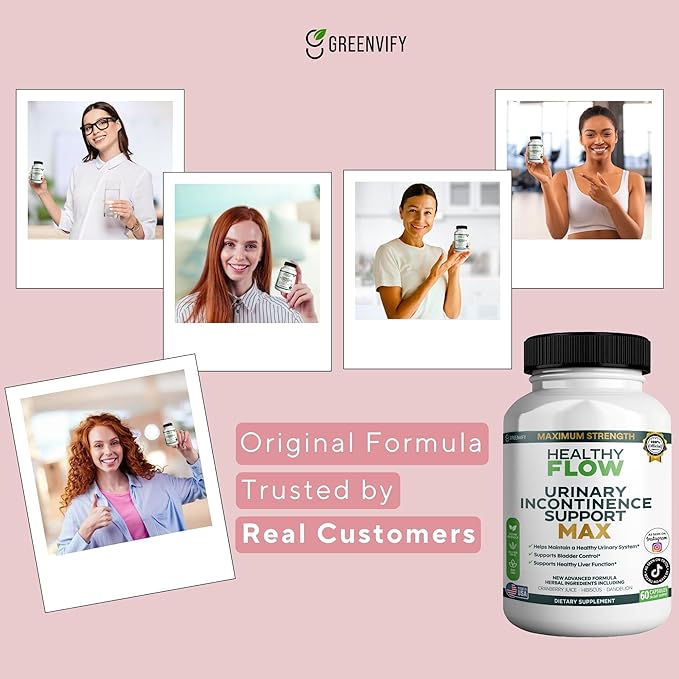 Healthy Flow Urinary Incontinence Support Max, 60 Veggie Capsules, Cranberry Juice Hibiscus Dandelion Formula, 30 Day Supply