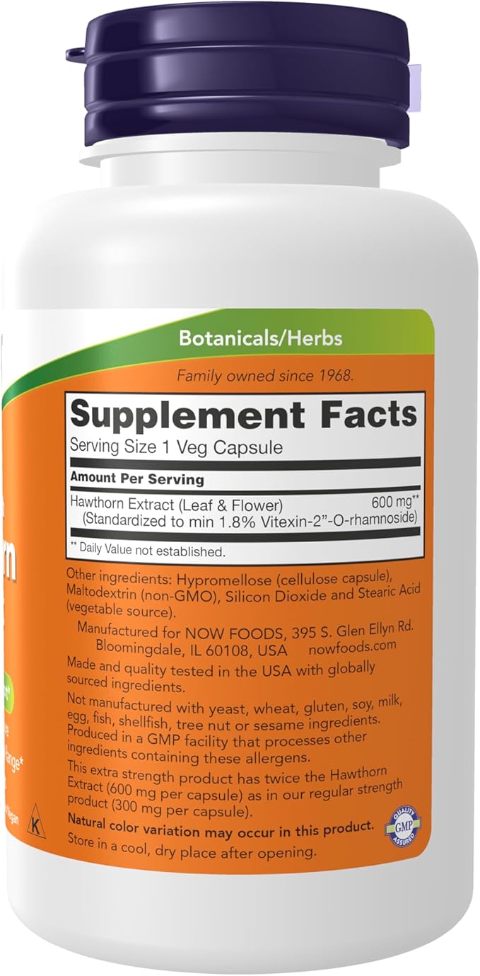 NOW Foods Supplements, Hawthorn Extract 600 mg, Extra Strength, Cardiovascular Support*, 90 Veg Capsules