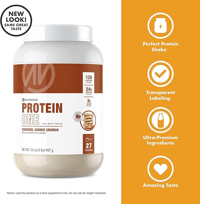NutraOne ProteinOne Whey Protein Promote Recovery and Build Muscle with a Protein Shake Powder for Men & Women (Caramel Cookie Crunch, 2 LB)