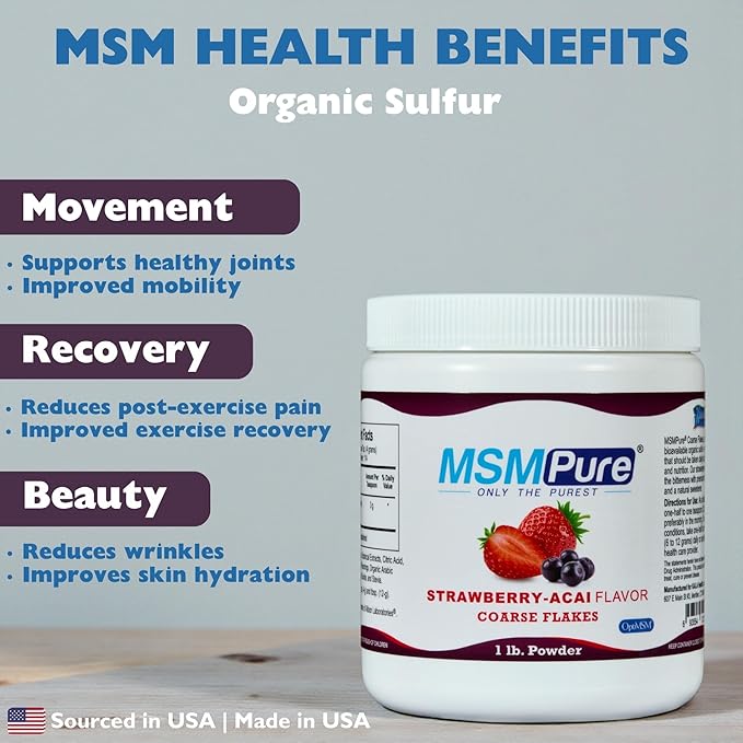 KALA HEALTH MSMPure Strawberry Acai Flavored Coarse MSM Powder Flakes – US-Made MSM for Joint Health, Skin Appearance, and Hair & Nail Support – 1 lb, Organic Sulfur
