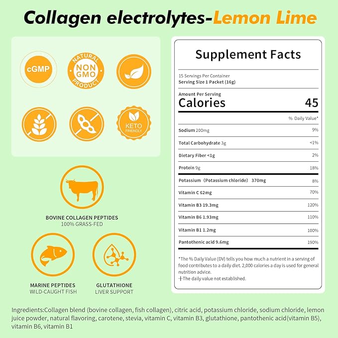 Electrolyte Collagen Powder Packets, 10g Collagen Protein Drink Mix for Hydration Recovery, Zero Sugar 2-in-1 Post Workout Rehydration, Joint Skin Muscle Support, 5 Vitamins, Lemon Lime