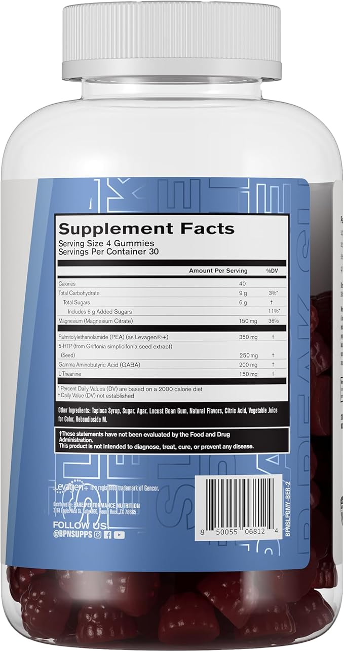 BARE PERFORMANCE NUTRITION, BPN Peak Sleep Gummy, Sleep Aid & Recovery Support Supplement, 30 Servings, Berry