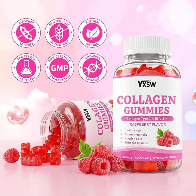 Collagen Gummies for Women Men, Hydrolyzed Collagen Protein Type I II III V X with Biotin Vitamin C A B D E Hyaluronic Acid for Hair, Skin, Nails, Joint, Immune Support, Raspberry Flavor, 120 Count