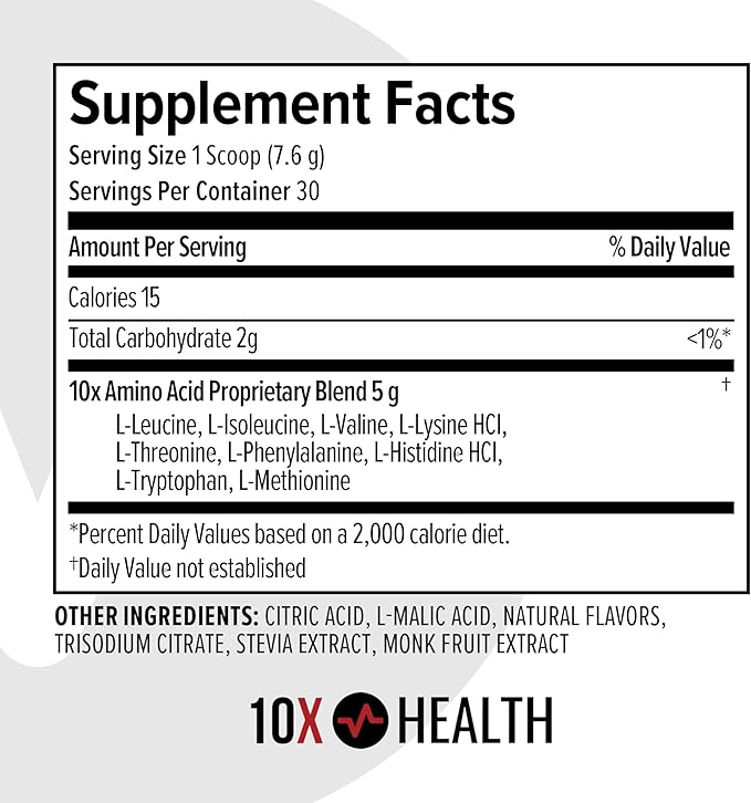 10X Health Amino Acids - 30 Servings of EAA & BCAA Powder, Pre Workout BCAA with Essential Amino Acids Supplement - BCAAs & EAAs for Longevity, Muscle Support, Strength, Energy - Tropical Orange