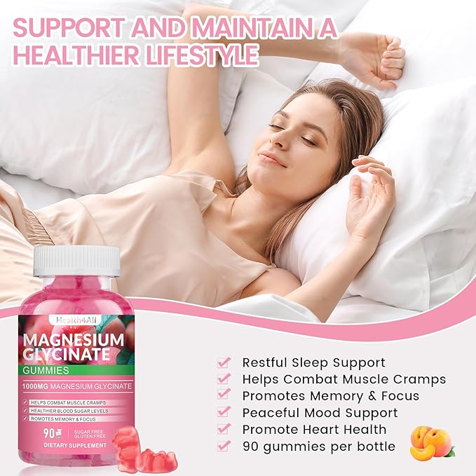 Magnesium Glycinate Gummies 1000mg, High Absorption Sugar Free Magnesium Potassium Supplement for Relaxation, Stress Relief, and Sleep Support for Adults & Kids - 180 Peach Gummies