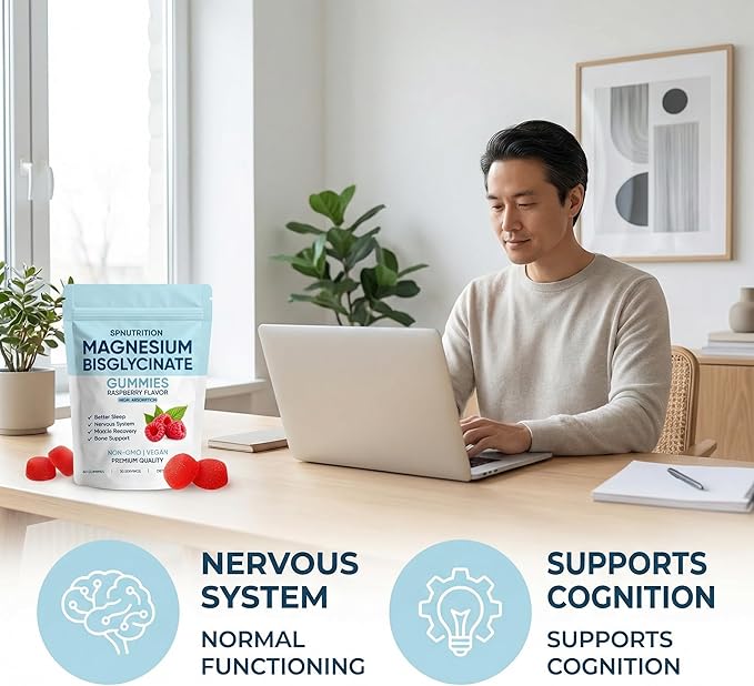 Magnesium Bisglycinate Gummies, 400mg Magnesium Bisglycinate Chelate with Sea Salt & Raspberry Powder, Supports Sleep, Nerve & Muscle Relaxation, Bone Health Support, Vegan, 60 Gummies (1)