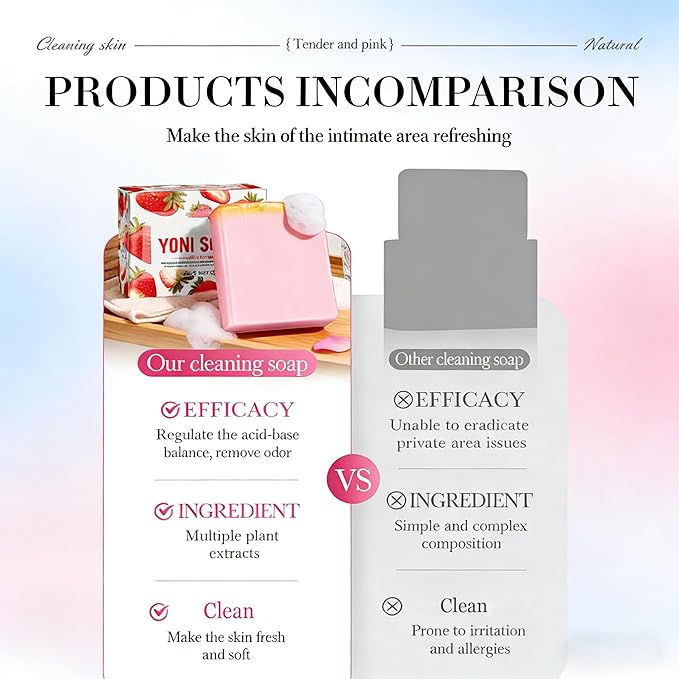 pH Balanced Feminine Soap for Women, Strawberry Odor Control & Hydration, Deep Cleanse, Pure Natural Plant Extracted Essence, Gentle Yet Effective for Daily Intimate Hygiene, Vegan, Pink