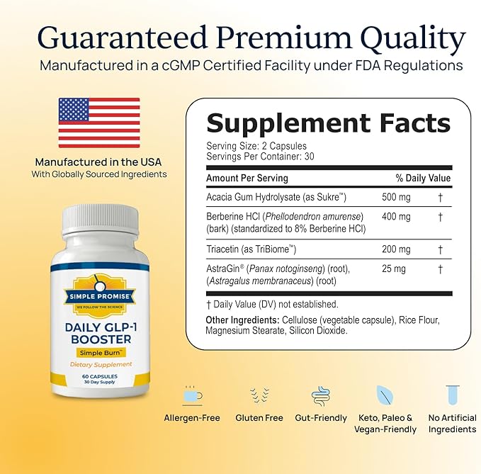 Simple Burn Daily GLP-1 Booster Weight Management Supplement with Berberine HCl for Women - GLP1 Natural Appetite Suppressant - Supports Fat Metabolism & Craving Control - 60 Capsules