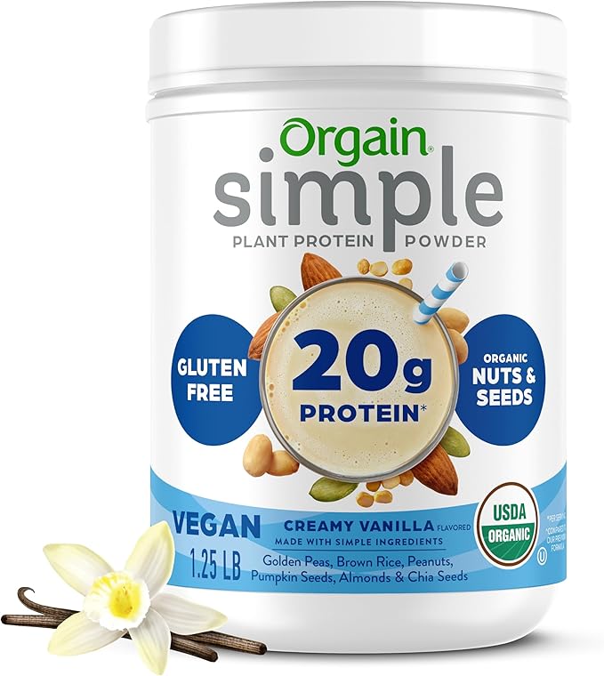 Orgain Organic Simple Vegan Protein Powder, Vanilla - 20g Plant Based Protein, Made with less Ingredients, No Artificial Sweeteners, Gluten Free, No Dairy or Lactose, 1.25 lb (Packaging May Vary)