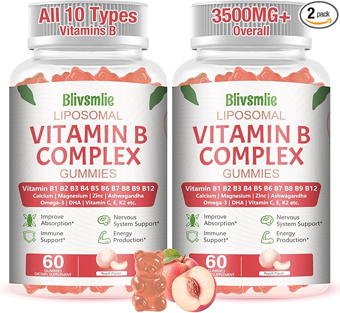 2 Pack 33-in-1 Liposomal Vitamin B Complex Gummies -B1, B2, B3, B4, B5, B6, B7, B8, B9,B12 | Vitamin C, D3,K2|Calcium,Magnesiun,Zinc etc.for Energy, Brain,Immune,Skin Support &Heart Support