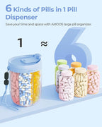 AMOOS Large Pill Dispenser with 6 Compartments, Anti-Mix Pill Bottle Organizer with Wide Opening & Easy Retrieval, Vitamin Organizer for Travel, BPA-Free Pill Box with a Strap, Blue
