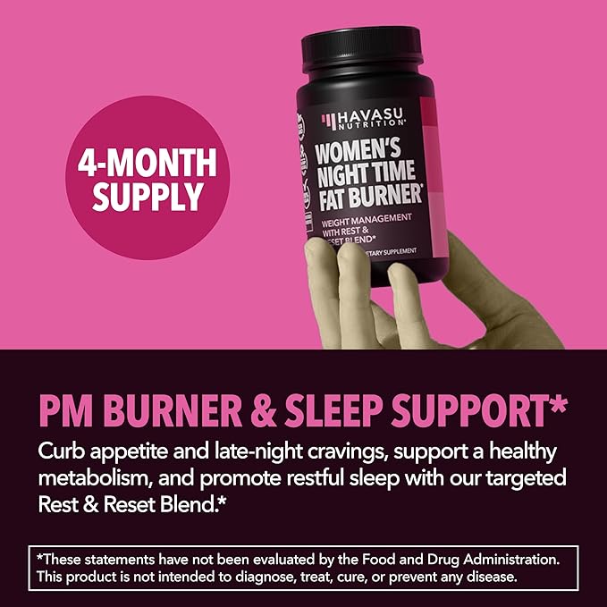 Night Time Fat Burner for Women - Appetite Suppressant for Weight Loss - 120 Count - Herbal Metabolism Booster with Melatonin for Sleep Support - Vegan, Non-GMO Capsules - 4 Month Supply