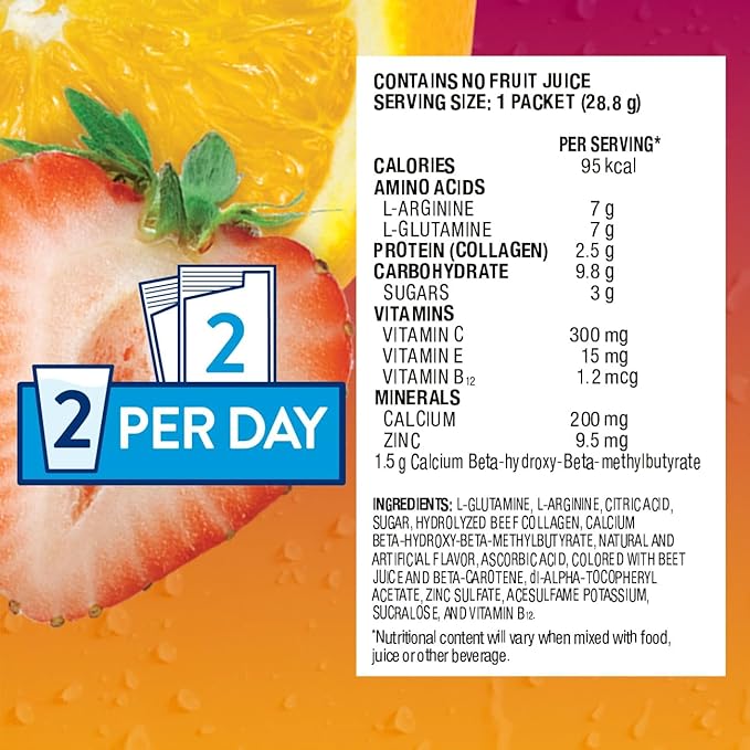 Juven Therapeutic Nutrition Drink Powder Including Collagen Peptides, Amino Acids, and HMB for Wound Healing Support, Fruit Punch, 30 Count (Pack of 2)