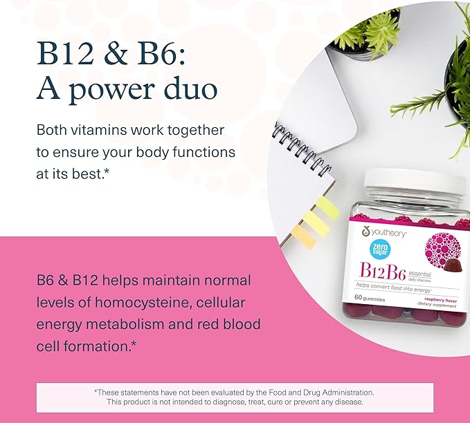 Youtheory B12B6 Gummies - Vitamin B12 & B6 - Supports Mood, Nervous System & Metabolism* - Aids Memory & Stress Management* - Sugar Free - No Dairy, Soy or Gluten - 60 Gummies (60 Servings)*