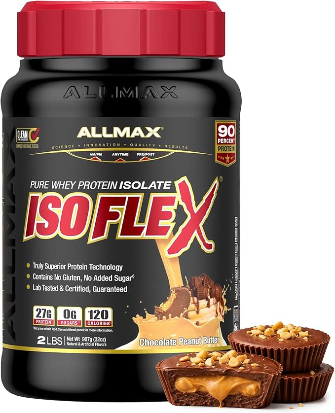 ALLMAX ISOFLEX Pure Whey Isolate Protein Powder - Gluten Free, Low Lactose, Sugar-Free - High-Protein, Clean, Keto-Friendly, Pre Post Workout Supplement, Women and Men | Chocolate Peanut Butter, 2lb