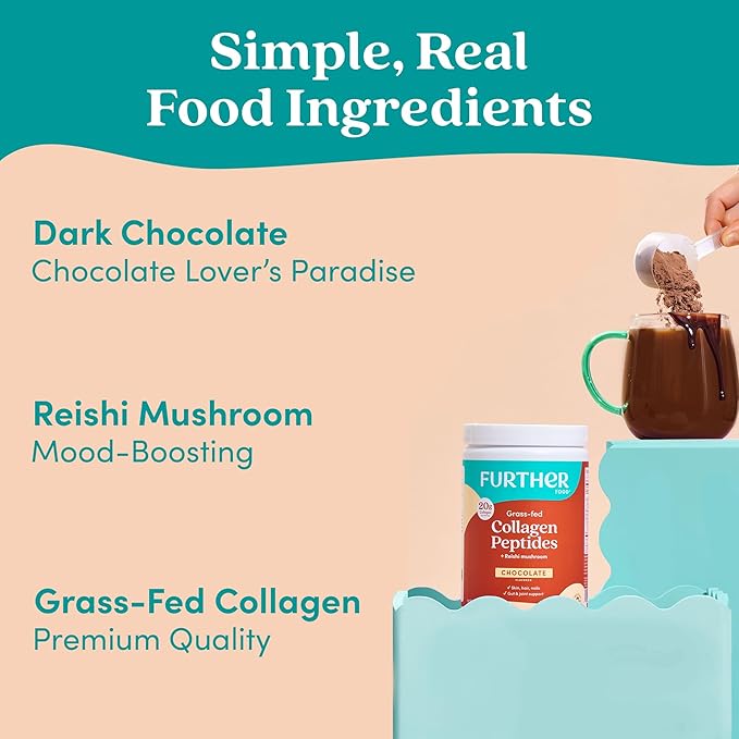 Further Food Chocolate Collagen Peptides Powder with Reishi Mushroom - 100% Grass-Fed, Hydrolyzed Type 1 & 3, 20g of Collagen per Serving, Supports Skin, Hair, Nails & Joints, 24.34 Oz