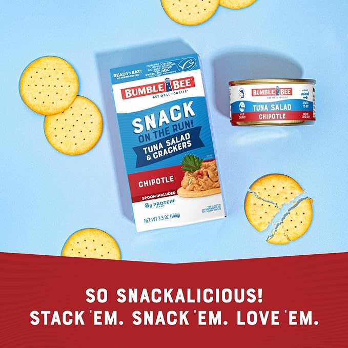 Bumble Bee Snack On The Run! Protein Snack Pack - 8g Protein per Box - Chipotle Tuna Salad with Crackers Kit - Ready to Eat Easy-Open Can - Wild Caught MSC-Certified Tuna (Pack of 12)