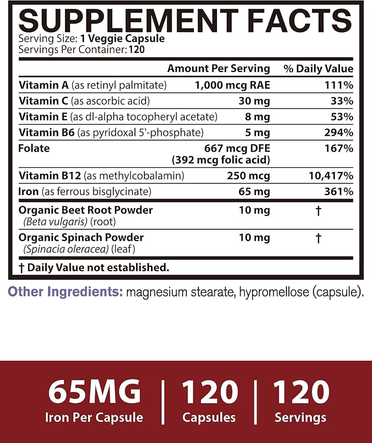 Iron Supplement for Women & Men, 65mg Ferrous Bisglycinate Chelate, Slow Release Iron with Vitamins A C E B6, B12, Folate, Organic Spinach & Beet Root Powder, for Blood Flow & Energy Support, 120 Caps