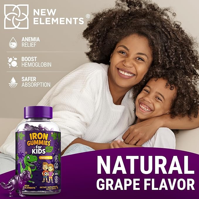 Iron Dinosaur Gummies for Kids with Vitamin C | Sugar-Free, Vegan, Gluten-Free & Non-GMO | Anemia Relief, Energy & Blood Health Support | Grape Flavor, Pectin-Based for Optimal Health