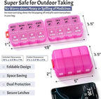 Foldable Weekly Pill Organizer 2 Times a Day with 2 Extra Compartments (Clear Printed Labels) - 7 Day AM PM Medicine Box, Week Daily Travel Pill Case Holder for Vitamin, Supplement - Clear Pink