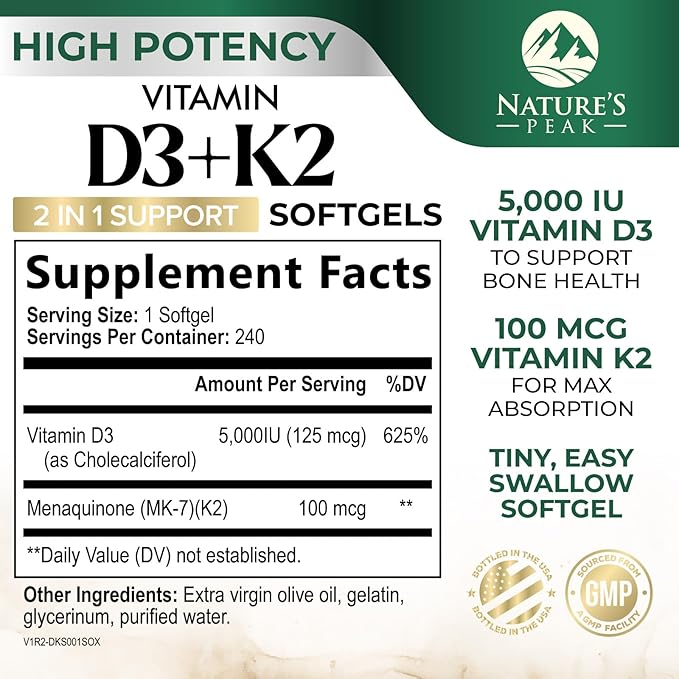 D3 K2 Vitamin - 5000 IU D3 Per Serving - High Potency Vitamin D3 Supplement - Advanced 2-in-1 Complex Vitamin D & Vitamin K2 (MK7) - Easy to Swallow, Bone & Immune Support - USA Bottled - 240 Softgels