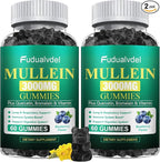 2 Packs 3000MG Organic Mullein Gummies for Lung, Mullein Leaf Extract for Lungs - Quercetin, Bromelain for Respiration，Immune and Digestive Support, 120 Count Blueberry Gummys