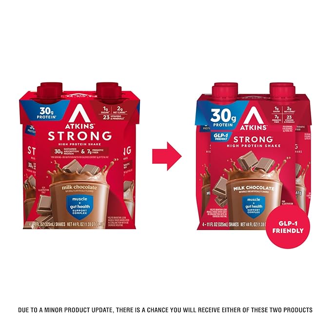 Atkins Strong High Protein Shake, Milk Chocolate, 30g Protein, 7g Prebiotic Fiber, Muscle & Gut Health Support Complex (Pack of 24)