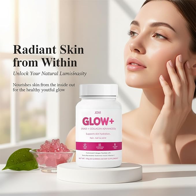 Jovi Nutrition Glow+ NAD+ & Collagen Gummies,Multi-Type Hydrolyzed Collagen Peptides with Resveratrol, Hyaluronic Acid, Vitamin C & E, Skin, Hair & Nail Nutritional Support