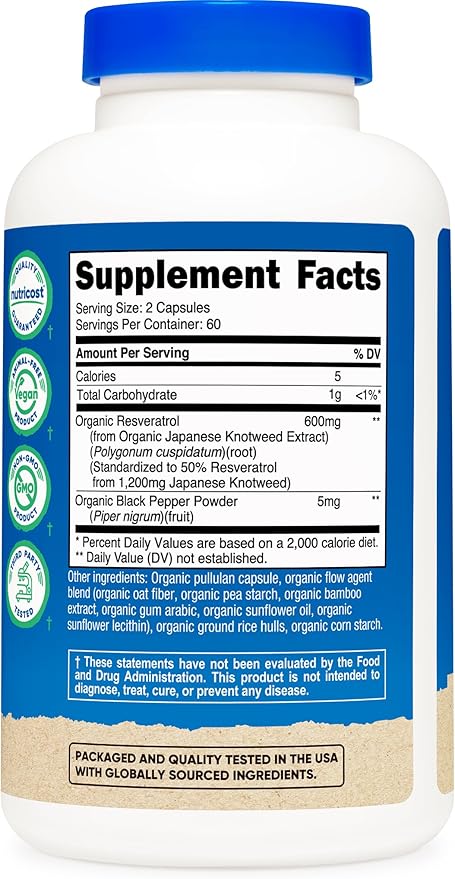 Nutricost Organic Resveratrol (600mg) 120 Capsules - USDA Organic, CCOF Certified, Vegan, GMO-Free, Gluten-Free, 60 Servings
