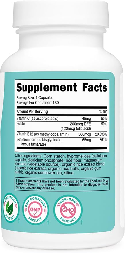 Nutricost Iron for Women 65mg, 180 Capsules, with Vitamin C, Folate, & Vitamin B12 - Vegetarian Friendly, Non-GMO, Gluten Free