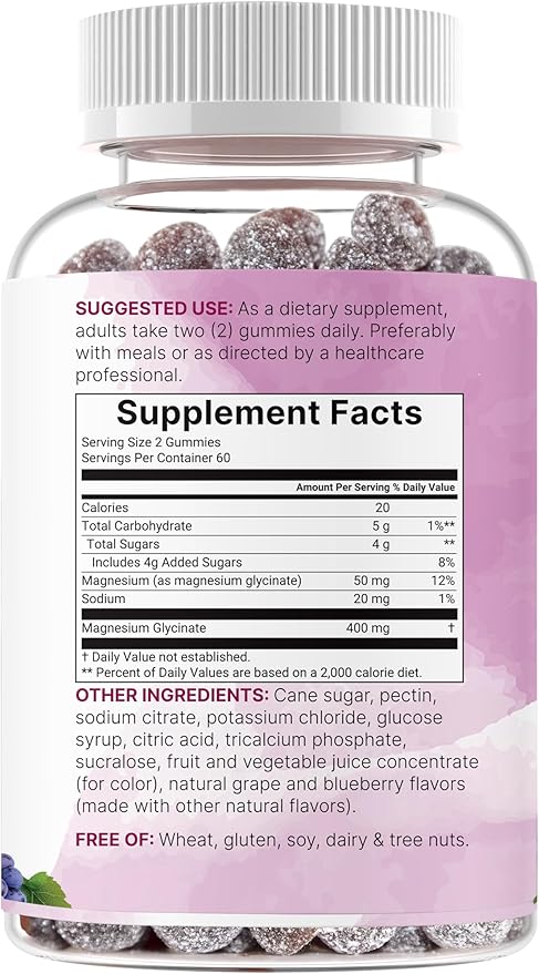 Magnesium Glycinate Gummies 400mg Per Serving, 120 Count | Natural Grape Blueberry Flavor | Potent Elemental Form + Chelated for High Absorption | Healthy Muscle, Bones, & Mood Support Supplement