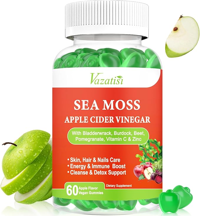 Apple Cider Vinegar Gummies with Sea Moss for Metabolism, Digestion, Detox, Gut & Immune Health, Apple Flavored - 60 Count