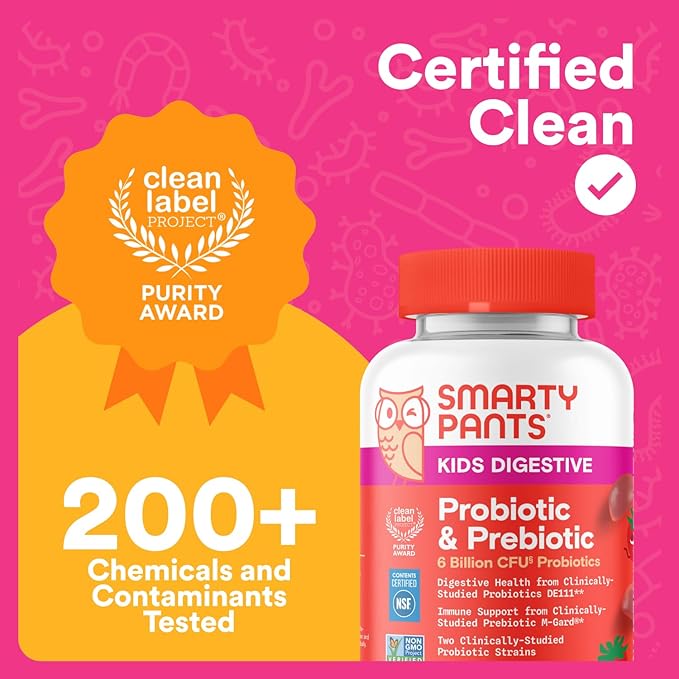 SmartyPants Kids Probiotic & Prebiotic Gummies for Digestive Health: Gut Health Supplement, Clinically Studied Prebiotic for Immune Support, Strawberry, 60 Count (30 Day Supply)