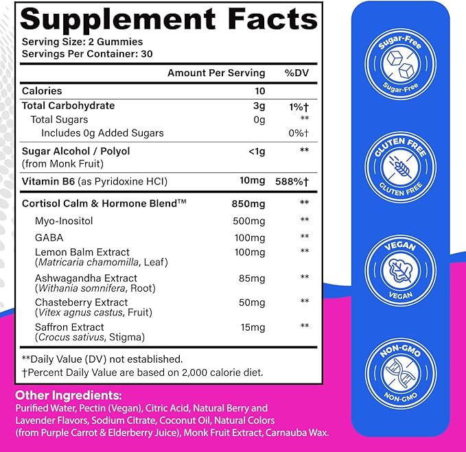 Cortisol Supplement for Women, Cortisol Reducer with Ashwagandha, Myo-Inositol, GABA & Saffron, Stress Relief, Calm, Sleep Support, Hormone Balance & PMS Support, Sugar Free Vegan Gummies, 60 Count