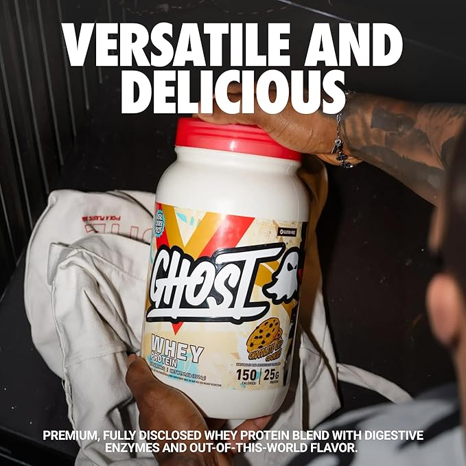 GHOST Whey Protein Powder, Chocolate Chip Cookies - 2LB, 25G of Protein - Whey Protein Isolate & Concentrate Blend - ­Post Workout Fitness & Nutrition Shakes with Real Cookie Pieces - Gluten-Free