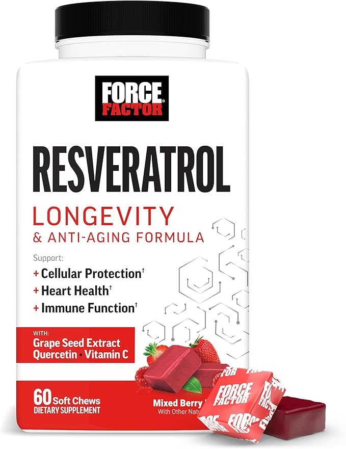 Force Factor Resveratrol Longevity & Anti-Aging, Trans-Resveratrol with Grape Seed Extract, Quercetin & Vitamin C, Anti-Aging Supplement for Cellular Health & Heart Health, Mixed Berry, 60 Soft Chews