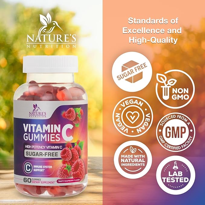 Vitamin C Gummies - 100% of Daily Vitamin C & Sugar Free - Immune Support with Powerful Antioxidants - Nature's Vegan VitaminC Dietary Supplement - Raspberry Flavor for Kids & Adults - 60 Gummies