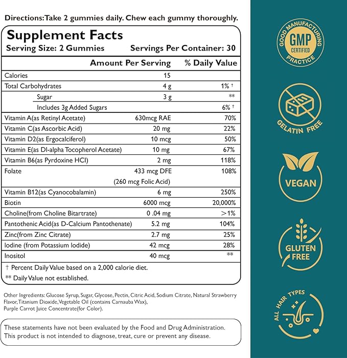 Hair Skin and Nails Biotin Gummies, Supports Healthy Hair, Skin & Nails, Vegan Vitamins for Women & Men, Supports Hair Growth and Stronger Nails, Healthy Skin, 30 Day Supply