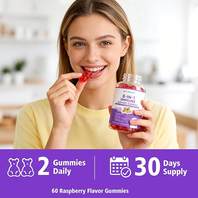 Immune Support Gummies – 8-in-1 Formula Herbal Supplements with Astragalus, Elderberry, Quercetin, Bromelain, Echinacea, Vitamin C, D3 and Zinc for Everyday Balance, Raspberry Flavor, 60 Count