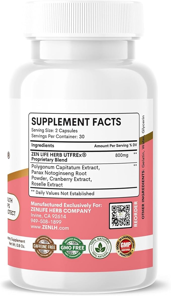 ZEN LIFE HERB UTFREx – Fast Acting - Promotes Urinary Tract Health Supports Healthy Immune and Urinary System, No Vitamins, Minerals, Prebiotics, Sugar, Plant-Based Supplement (60 Capsules)