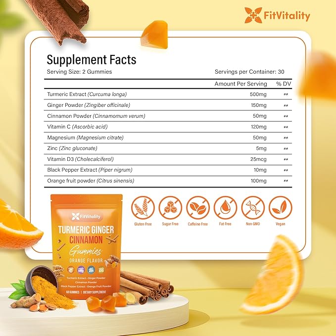 Premium 120 Turmeric Ginger Cinnamon Gummies – Vegan Gummies with Vitamin E, B12, Magnesium, Black Pepper Extract & Vitamin D3 – Orange Fruit Flavor