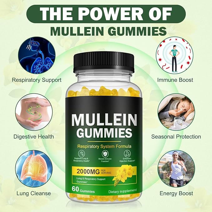 Mullein Gummies for Lungs, Mullein Extract for Smokers - Support Lung & Respiratory Health, Soothes Throat Irritation, Boost Immune - Mullein Leaf Extract for Lungs, Breathe Easier - 60pcs