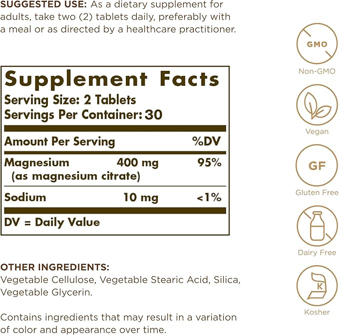 Solgar, Magnesium Citrate 60 Tabletss Prop 65