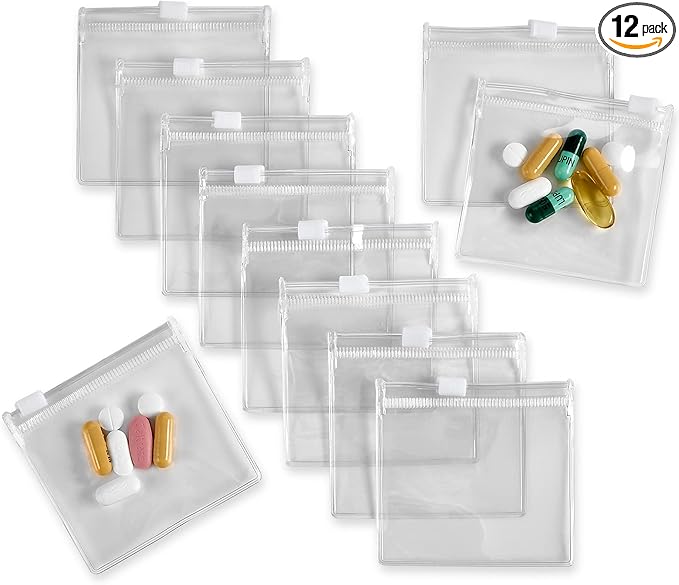 Zippered Pill Pouch Bags - 12 Pcs, Slide Lock Clear Plastic Mini Bags, BPA-Free for Pills Vitamins, Supplements, Medications, Jewelry, Crafts, Small Objects - Self-Sealing, Reusable, Travel-Friendly