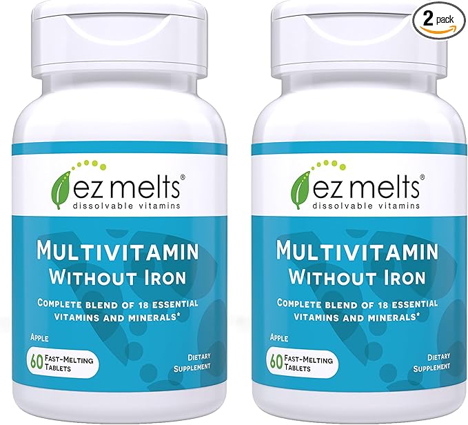 EZ Melts Multivitamin Without Iron - Daily Supplement with 18 Vitamins & Minerals - Contains Vitamin C, Folate, Biotin & More - Non-GMO & Vegan - Apple - 120 Dissolvable Tablets (60 Servings)