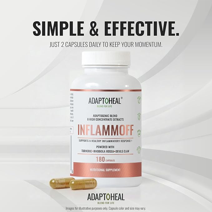 ADAPTOHEAL Inflammoff - Adaptogenic Supplement Designed to Support Joint, Muscle and Tissue Inflammation Naturally, 8 Highly Concentrated extracts with Turmeric and Rhodiola rosea (180 Capsules)