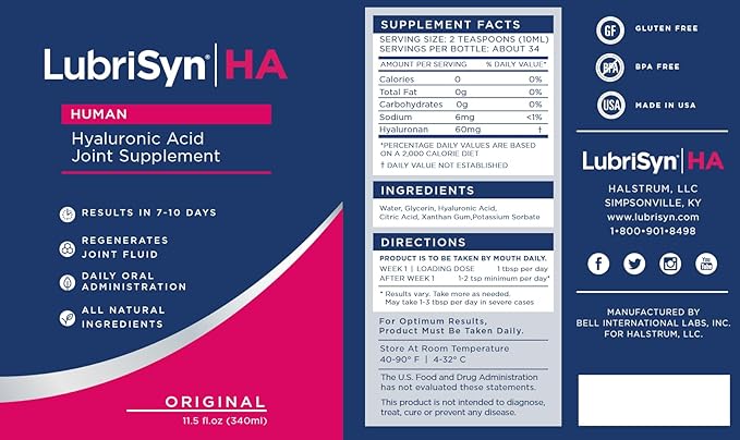 Lubrisyn Hyaluronic Acid Oral Joint Supplement – Liquid HA Formula for Humans – Promotes Joint Support, Mobility, Flexibility, Hydration & Healthy Function for Men & Women – Original 3 x 11.5oz