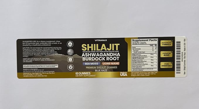 Pure Shilajit Gummies, Sea Moss, Ashwagandha, 105+ Trace Minerals – Organic Burdock Root & Lions Mane Mushroom - Blue Razz – Vegan & Non-GMO – Made in USA – 60ct