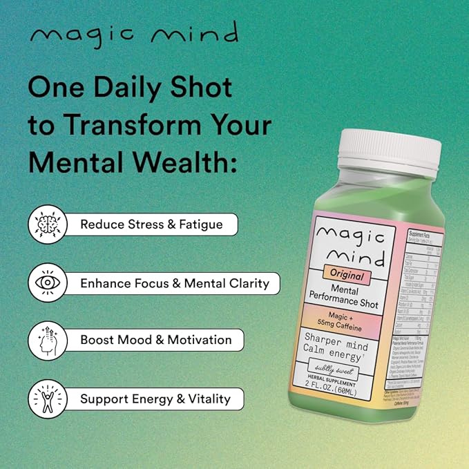Magic Mind Focus Energy Drink Shots - No Jitters, Stress Relieving, Ashwagandha, Functional Mushrooms, Matcha Green Tea, Vitamin B12, Vitamin C - 2 FL Oz (30 Pack)